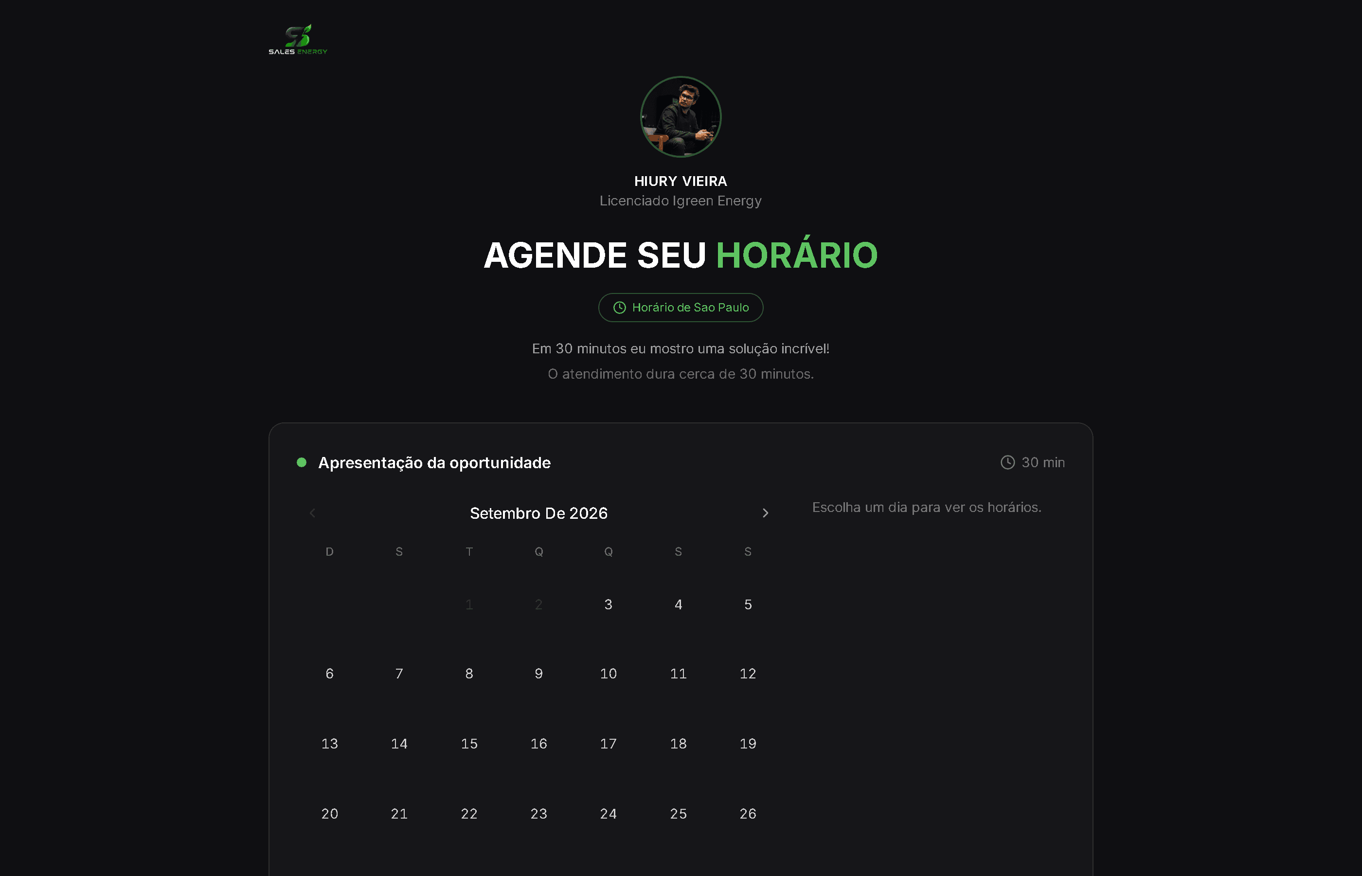 A página pública onde o cliente escolhe o horário